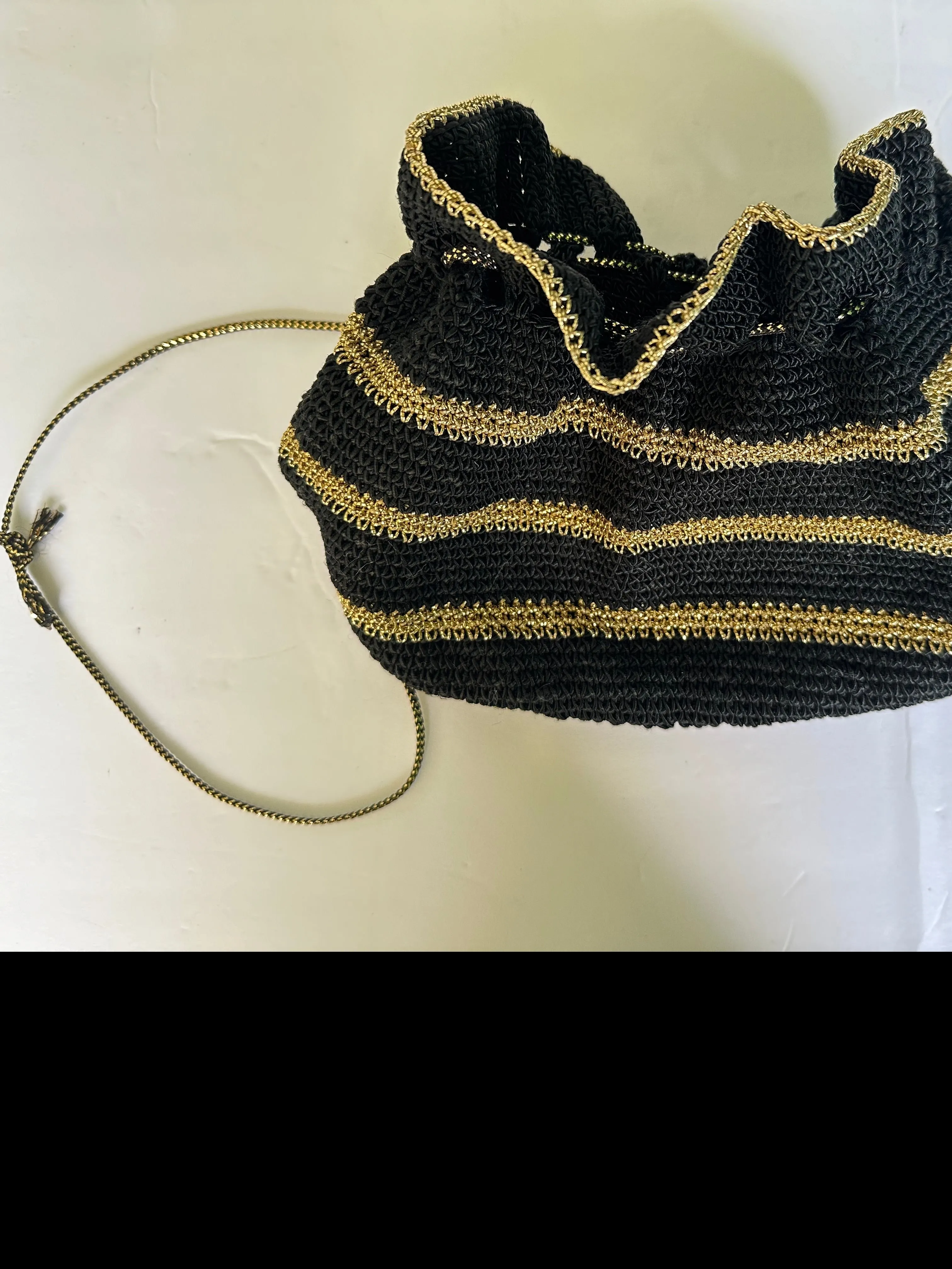 1950s Black and Gold Crochet Purse with Plastic Bottom - Rockabilly Purse - Pin Up Purse - Handmade Purse - Rayon Corde Purse