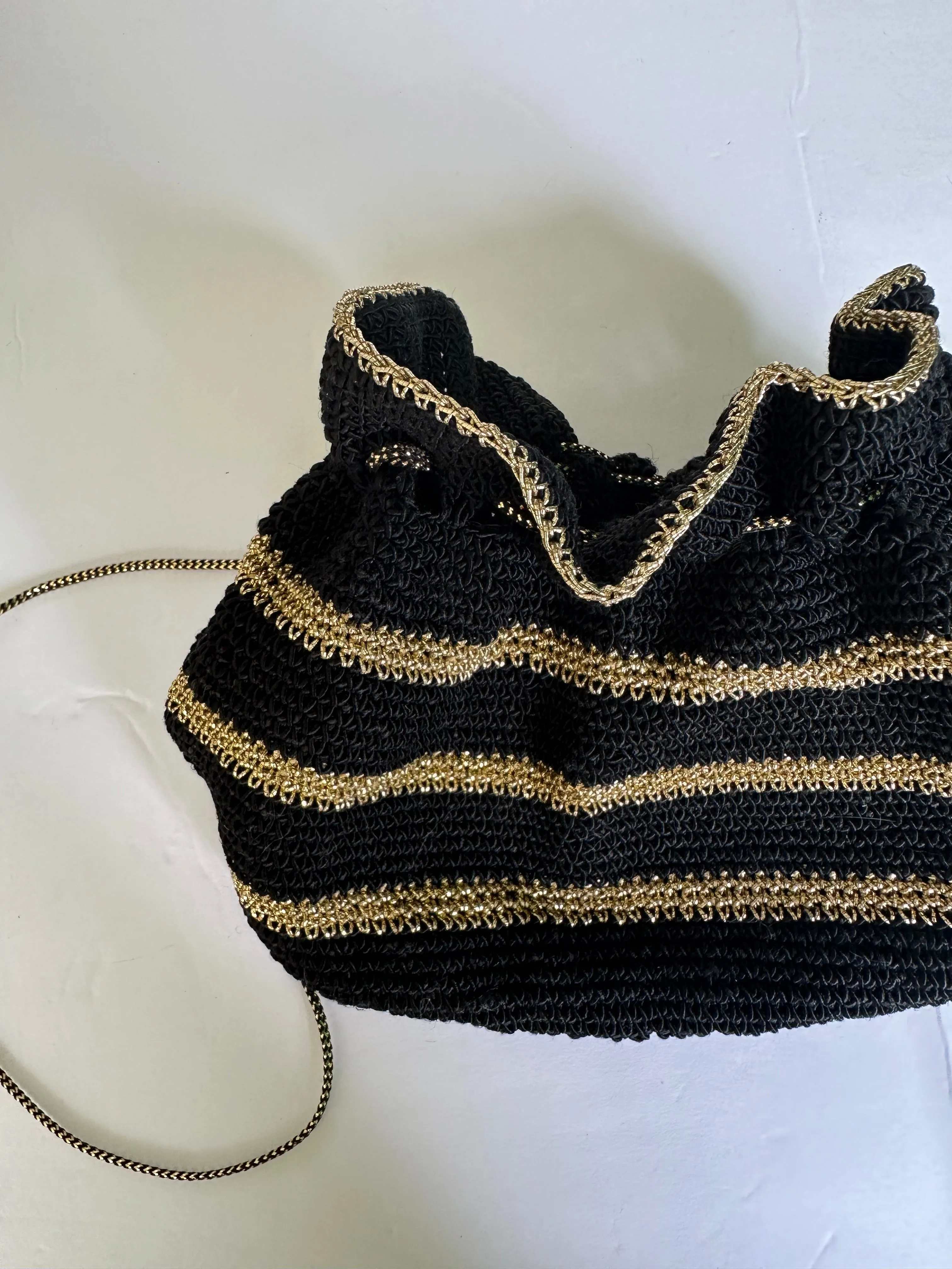 1950s Black and Gold Crochet Purse with Plastic Bottom - Rockabilly Purse - Pin Up Purse - Handmade Purse - Rayon Corde Purse