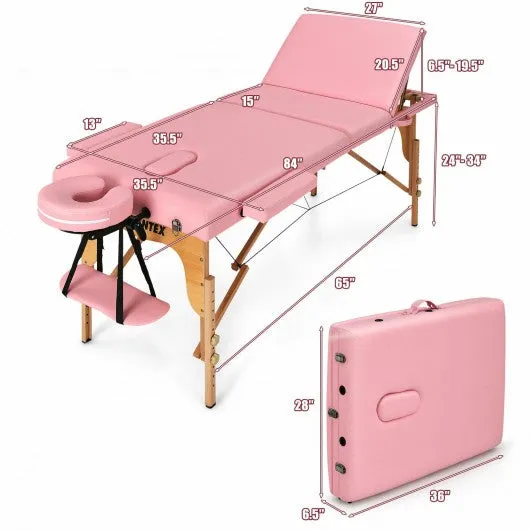 3 Fold 84" L Portable Adjustable Massage Table with Carry Case-Pink