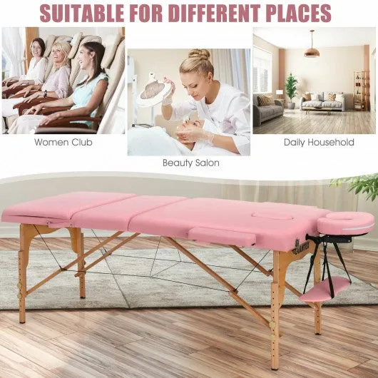 3 Fold 84" L Portable Adjustable Massage Table with Carry Case-Pink