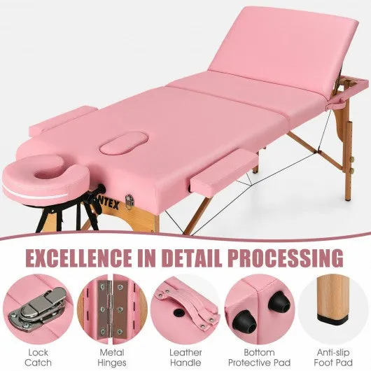 3 Fold 84" L Portable Adjustable Massage Table with Carry Case-Pink