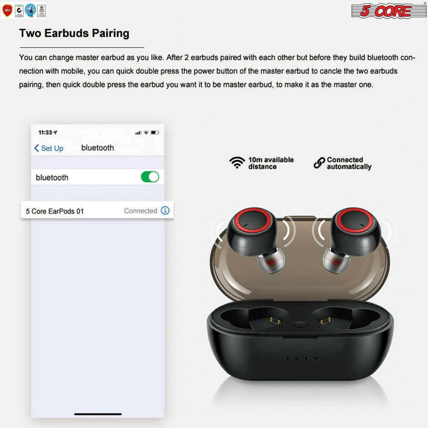 5 CORE Wireless Earbuds Bluetooth 5.0 in Ear Light-Weight Headphones