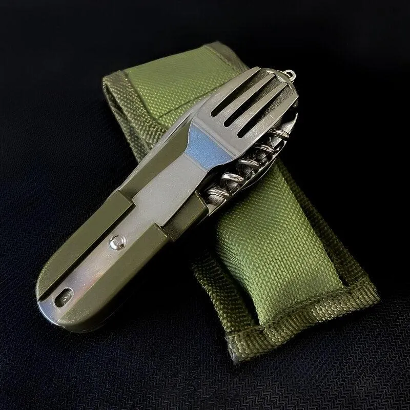 7-In-1 Camping Tableware Stainless Steel Foldable Fork Spoon Knife