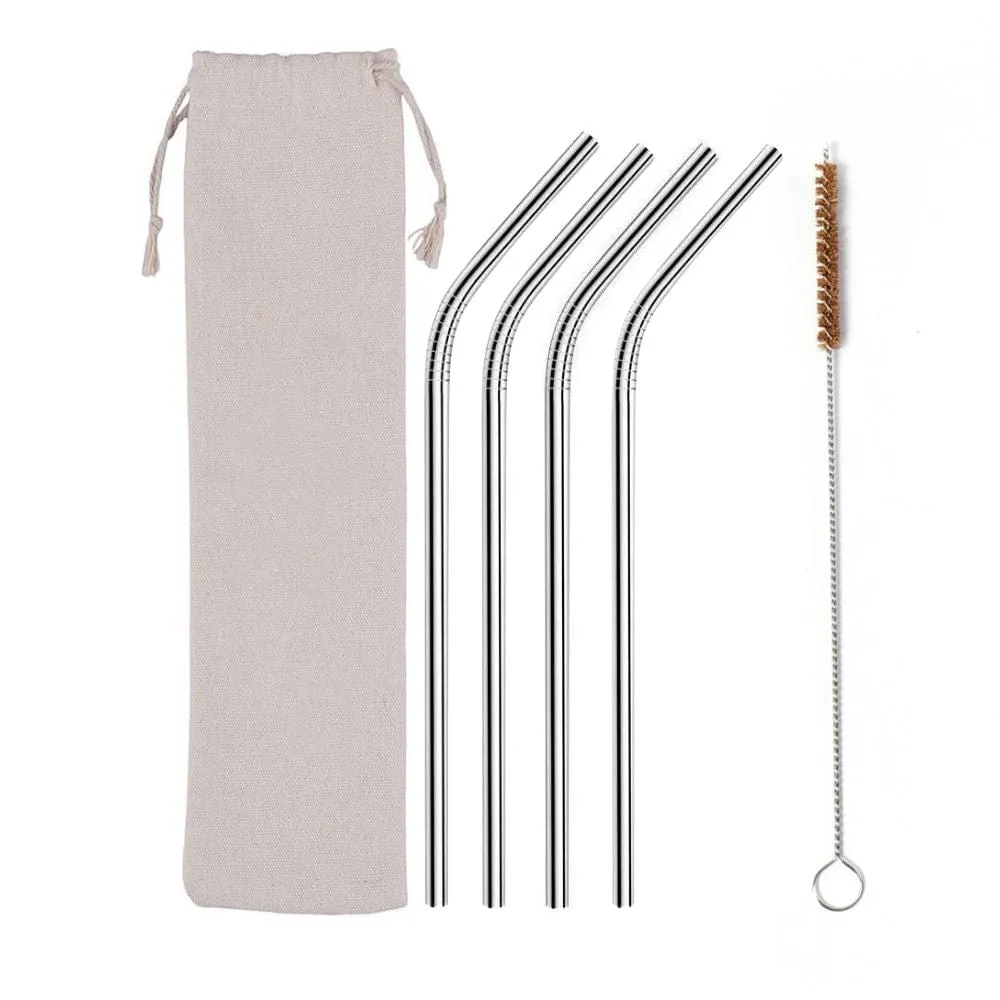 &Keep Set of 4 Stainless Steel Straws, Cleaning Brush & Bag