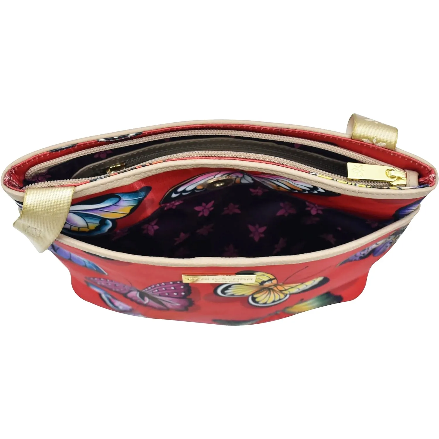 Anuschka Crossbody w/Slip Pocket Butterfly Heaven Ruby Fabric/Leather