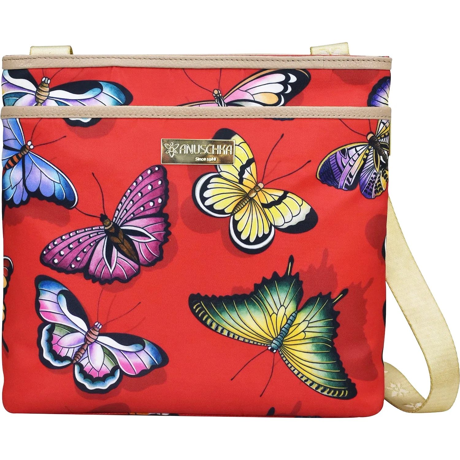 Anuschka Crossbody w/Slip Pocket Butterfly Heaven Ruby Fabric/Leather