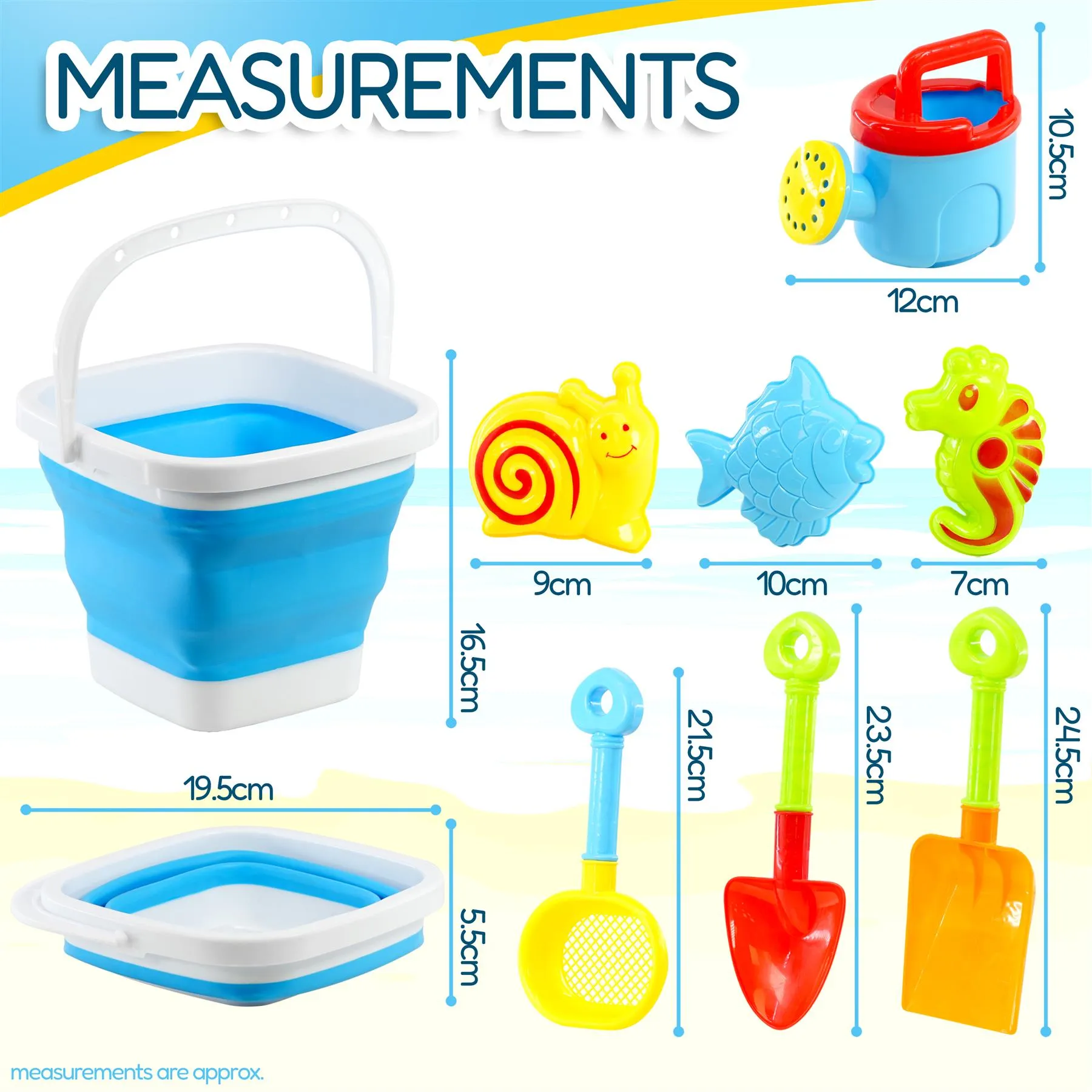 Beach Playset with Foldable Bucket Rake and Shovel