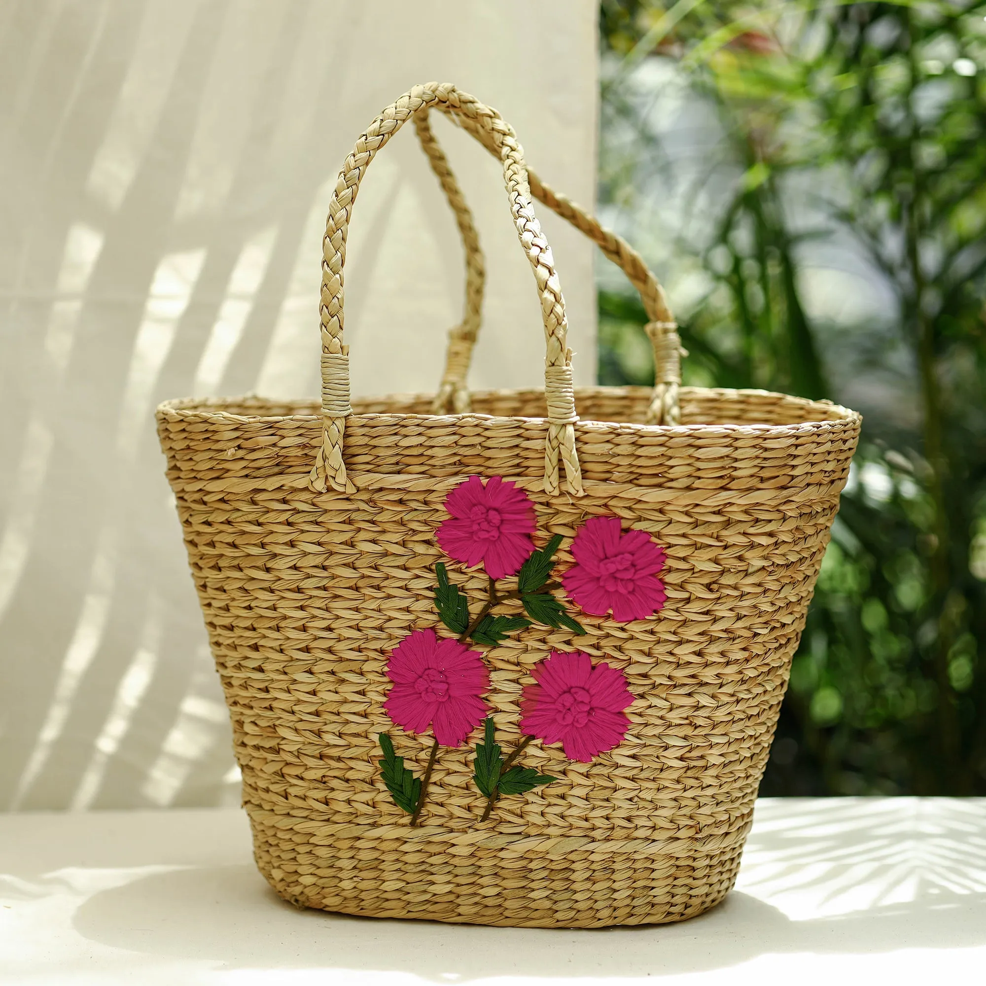 Beige - Handcrafted Natural Water Reed Embroidered Shopping Bag