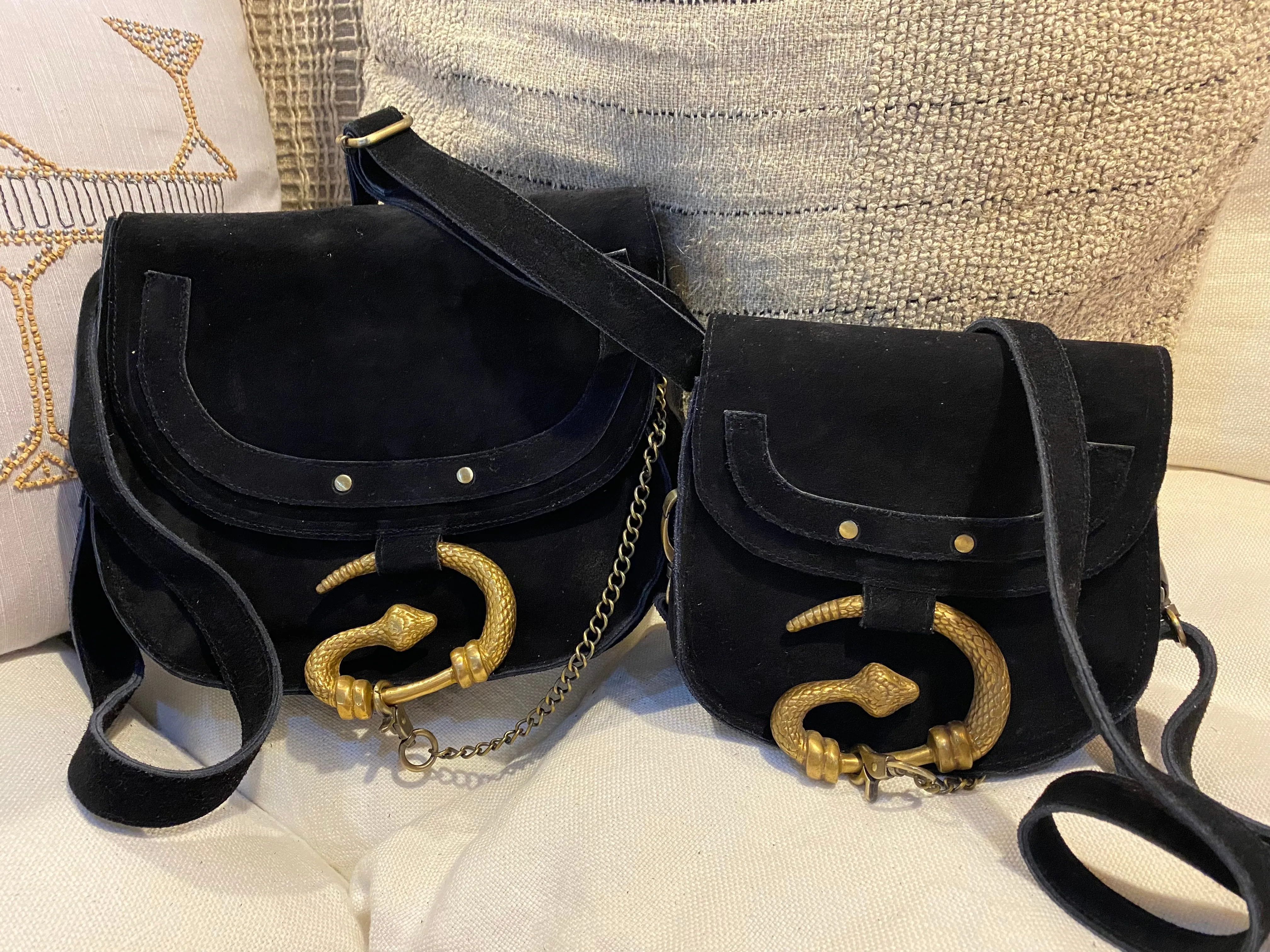 BLACK SUEDE SNAKE BUCKLE BAG - SMALL