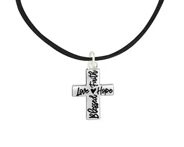 Blessed, Hope, Faith, and Love Cross Black Leather Cord Necklace