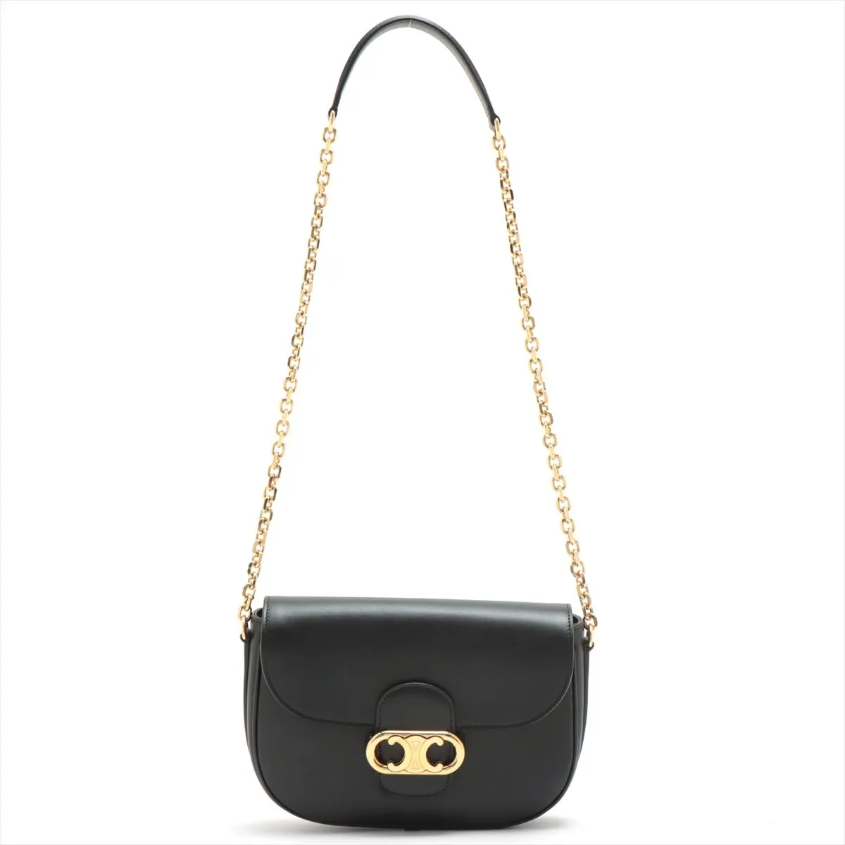 Celine Medium Chain Maillon Chain Triomphe Bag in Black Shiny Calfskin