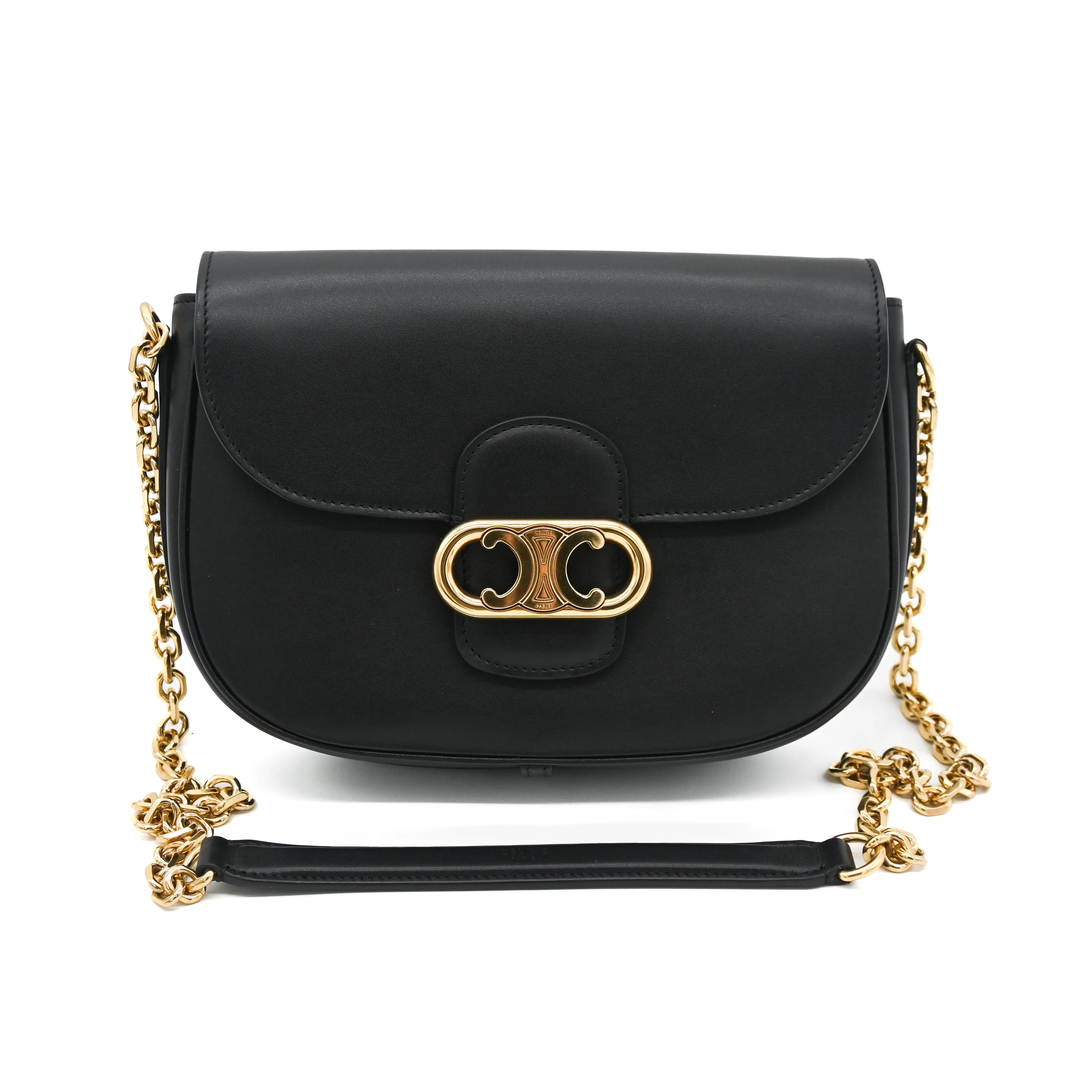 Celine Medium Chain Maillon Chain Triomphe Bag in Black Shiny Calfskin