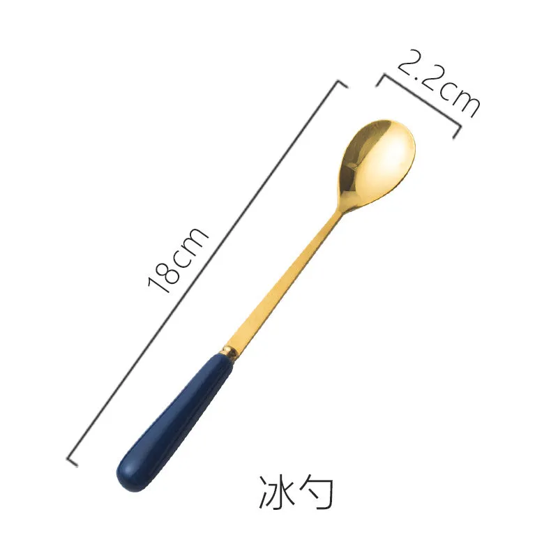 Ceramic Fruit Fork Coffee Spoon Stainless Steel Tableware Moon Cake Knife Fork Dark Green Steak Knife, Fork and Spoon