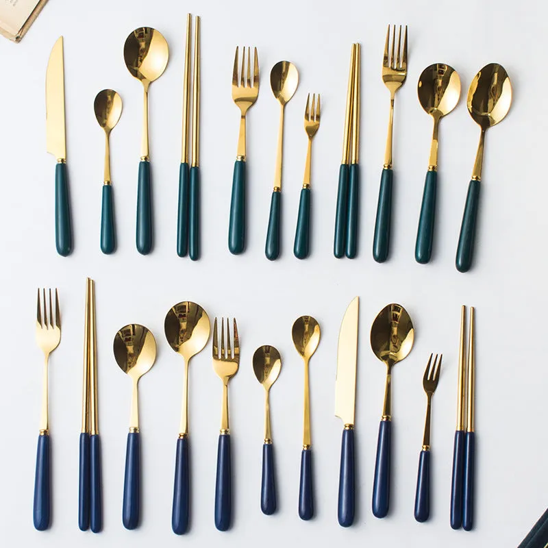 Ceramic Fruit Fork Coffee Spoon Stainless Steel Tableware Moon Cake Knife Fork Dark Green Steak Knife, Fork and Spoon