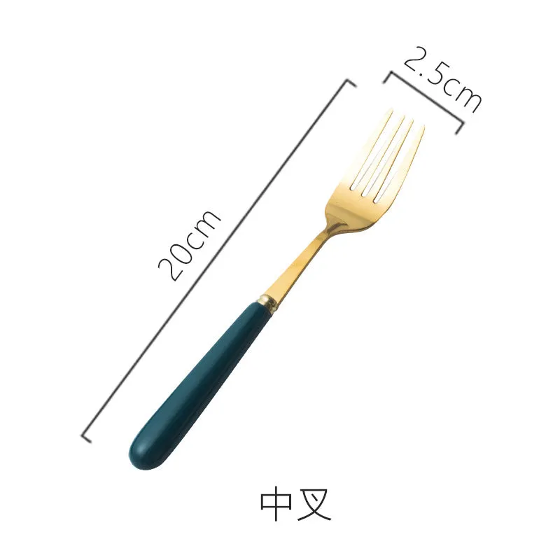 Ceramic Fruit Fork Coffee Spoon Stainless Steel Tableware Moon Cake Knife Fork Dark Green Steak Knife, Fork and Spoon