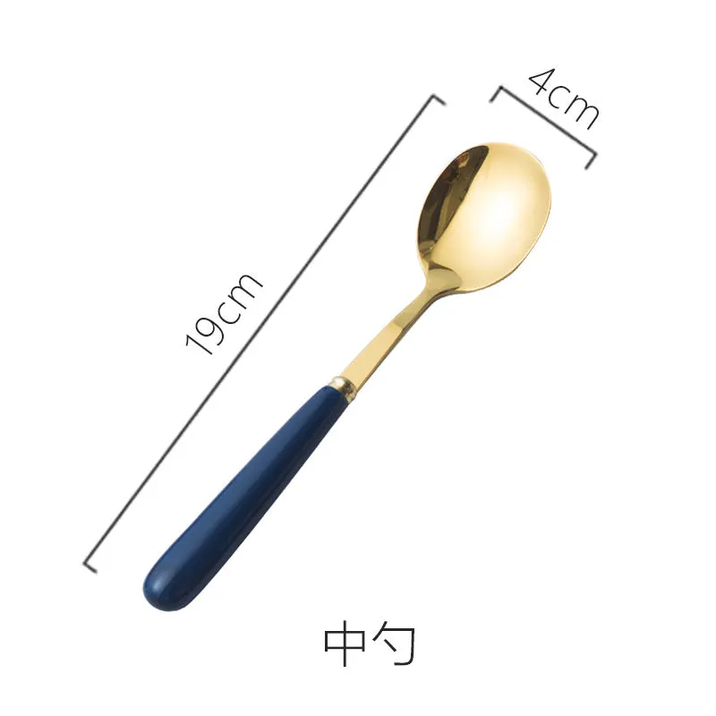 Ceramic Fruit Fork Coffee Spoon Stainless Steel Tableware Moon Cake Knife Fork Dark Green Steak Knife, Fork and Spoon