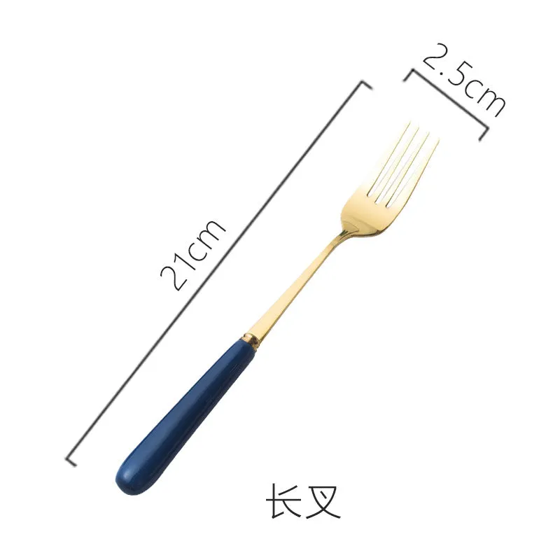 Ceramic Fruit Fork Coffee Spoon Stainless Steel Tableware Moon Cake Knife Fork Dark Green Steak Knife, Fork and Spoon