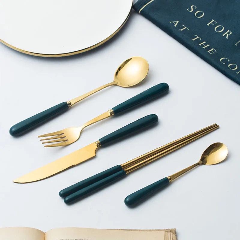 Ceramic Fruit Fork Coffee Spoon Stainless Steel Tableware Moon Cake Knife Fork Dark Green Steak Knife, Fork and Spoon