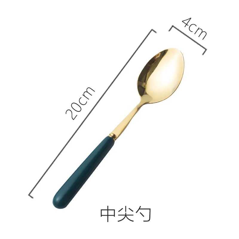 Ceramic Fruit Fork Coffee Spoon Stainless Steel Tableware Moon Cake Knife Fork Dark Green Steak Knife, Fork and Spoon