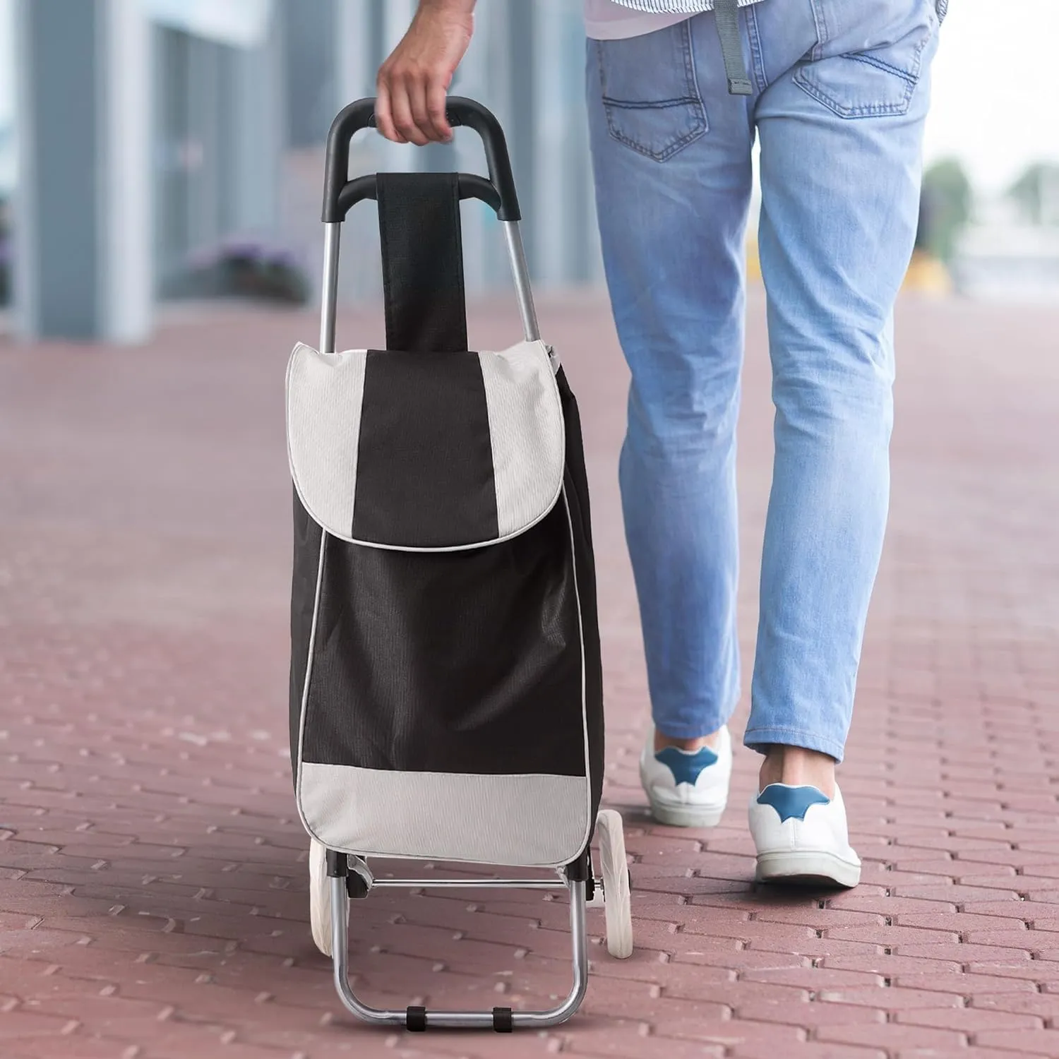 Cheston Shopping Bag for Grocery Foldable Shopping Trolly Bag with Wheels | Large & Lightweight Shopping Trolly Bag with 30 Kg Capacity | Water-Proof Fabric with Multiple Pockets (Black & White)