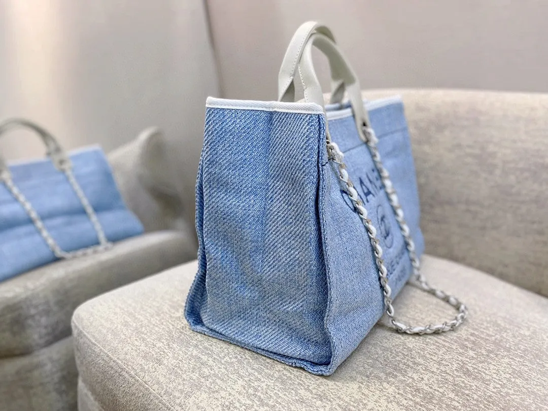 CHL Deauville Tote Tweed Canvas Bag Fall/Winter Collection, Light Blue/White For Women 15in/38cm