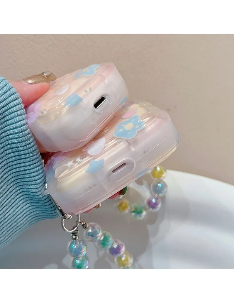 Cute Star Bunny Print Wave Shaped Clear Protective Cover Shockproof AirPods Case   Beaded Hand Strap for AirPods 1 2 3 Pro 2 Generation Case