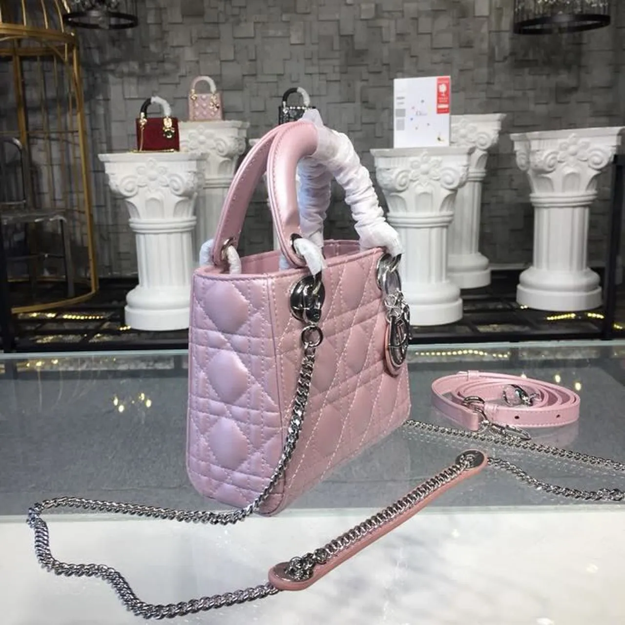 DI Mini Lady Cannage Quilted Bag with Chain Silver Hardware Pink For Women 6.5in/17cm CD