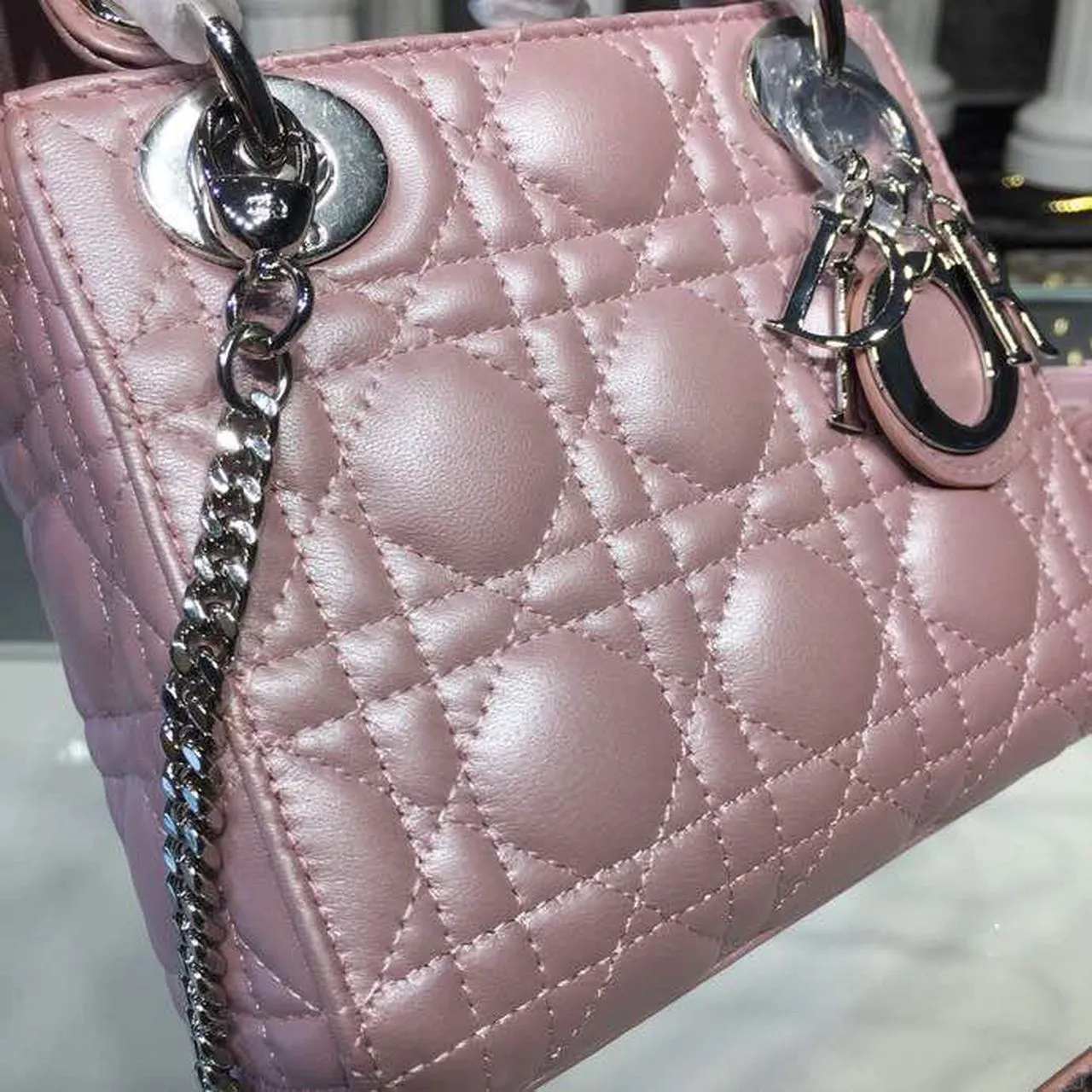 DI Mini Lady Cannage Quilted Bag with Chain Silver Hardware Pink For Women 6.5in/17cm CD