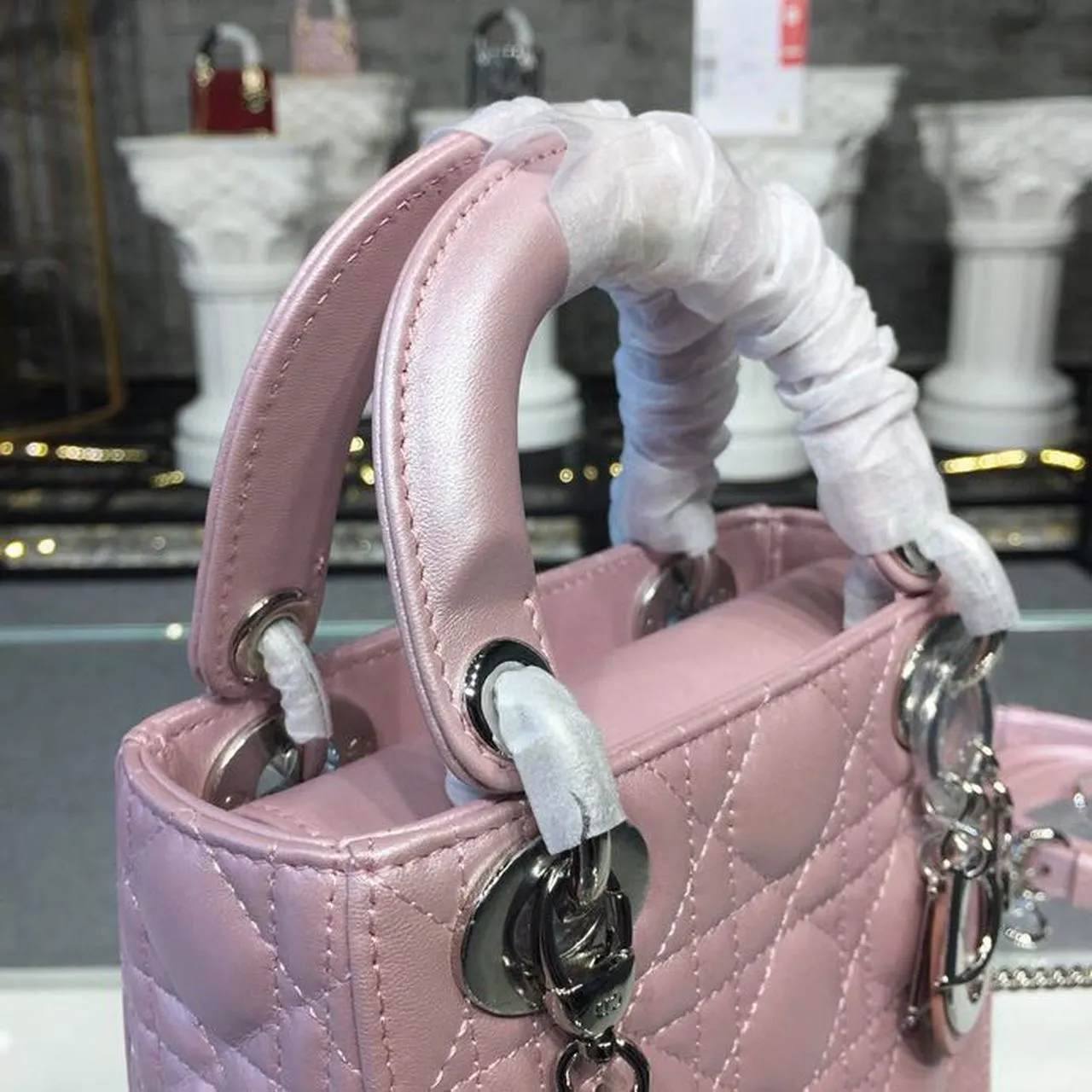 DI Mini Lady Cannage Quilted Bag with Chain Silver Hardware Pink For Women 6.5in/17cm CD