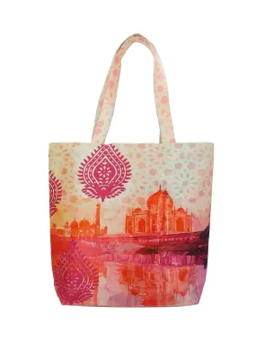 Digitally Printed Tote Fashion Shopping Hand Bag Multipurpose Waterproof Faux Silk and Polysatin Lining 16X14X4 Inch ,Floral Taj Mahal