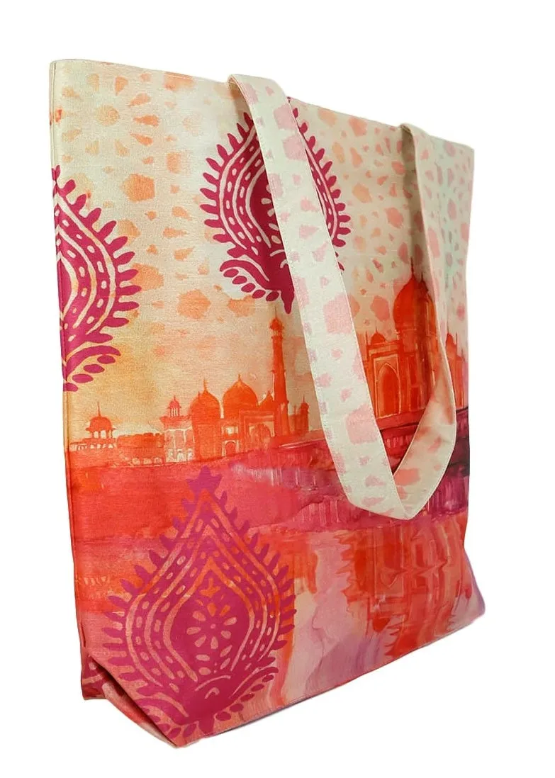 Digitally Printed Tote Fashion Shopping Hand Bag Multipurpose Waterproof Faux Silk and Polysatin Lining 16X14X4 Inch ,Floral Taj Mahal