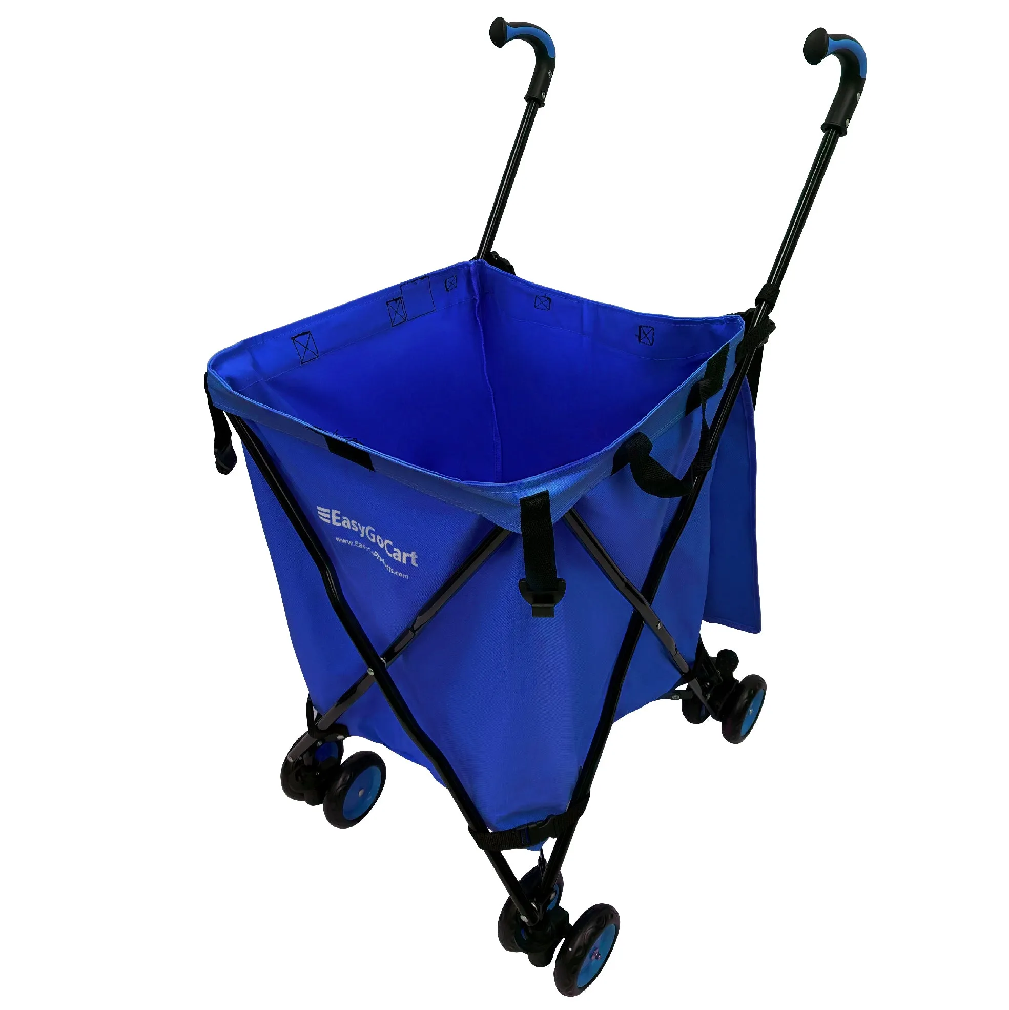 EasyGo Cart Folding Grocery Shopping and Laundry Utility Cart – Removable Water-Resistant Canvas Bag - Front Locking Swivel Wheels – Rear Brakes - Easy Folding - 120lbs Capacity – Copyrighted – Blue