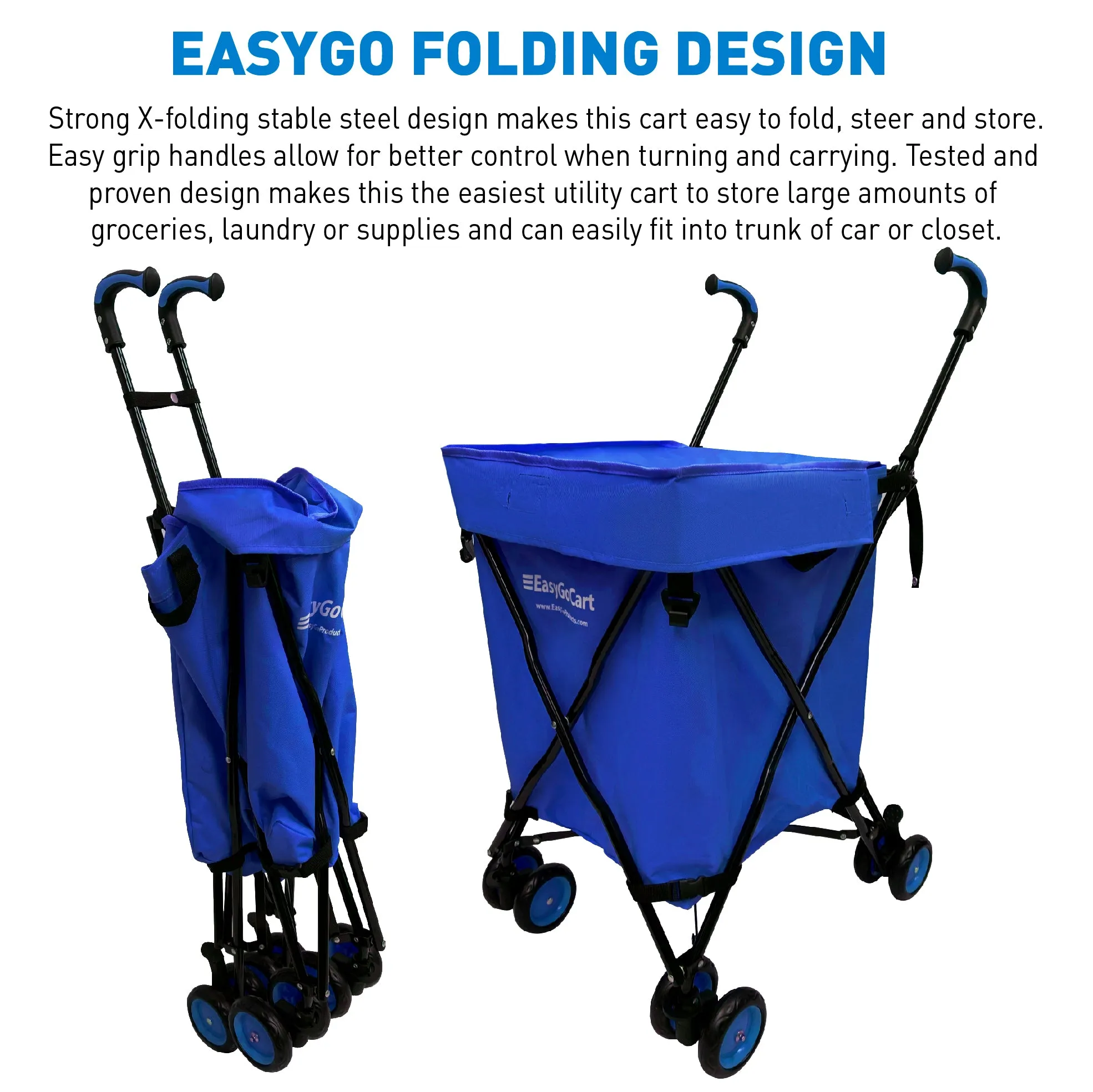 EasyGo Cart Folding Grocery Shopping and Laundry Utility Cart – Removable Water-Resistant Canvas Bag - Front Locking Swivel Wheels – Rear Brakes - Easy Folding - 120lbs Capacity – Copyrighted – Blue