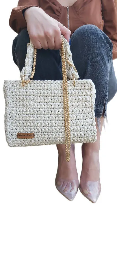 Fashion Stitch Women's Off White Classy Tote Bag Crochet For Ladies