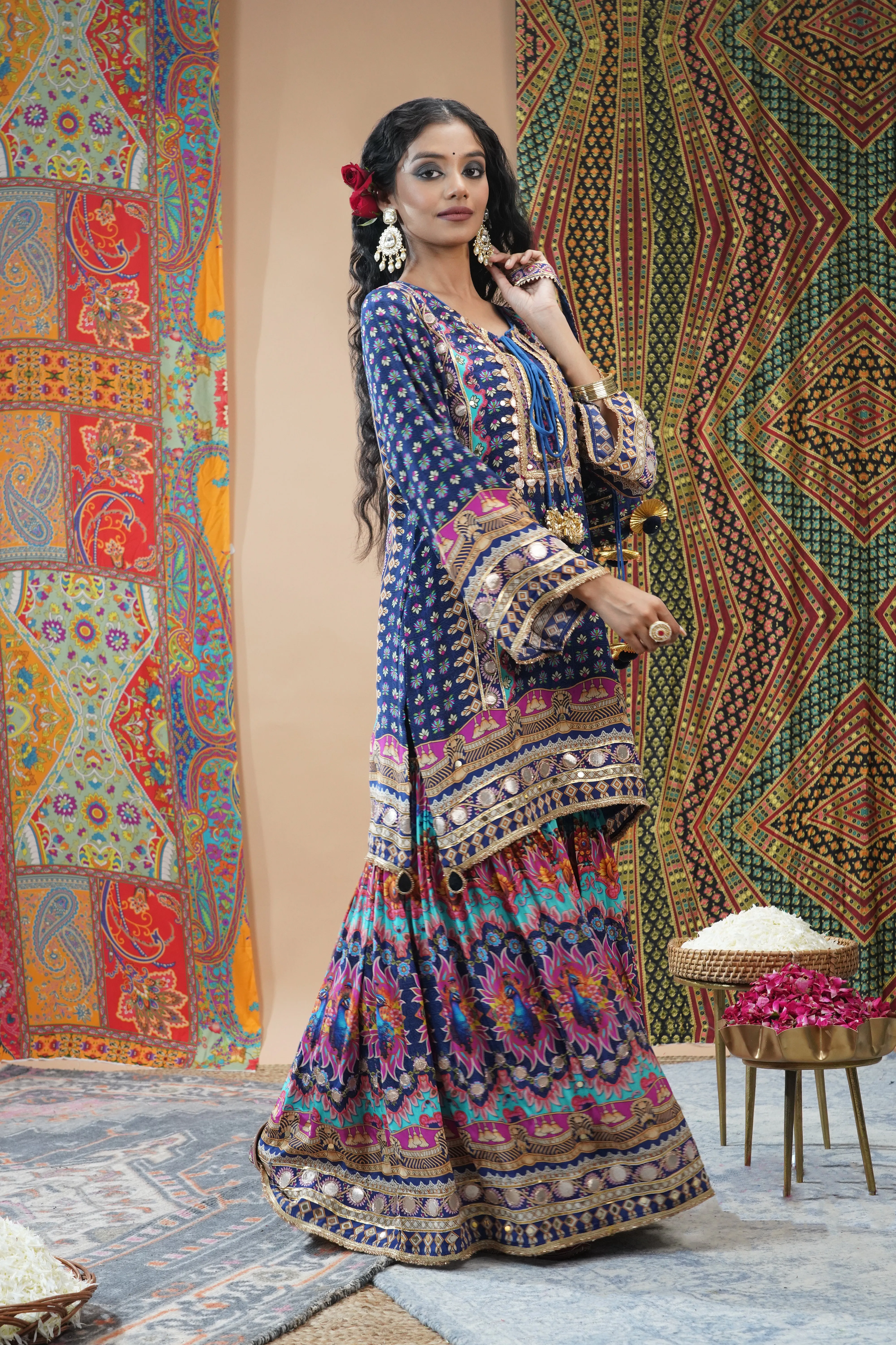 Festive Blue Ethnic Printed Crepe Silk Sharara Set