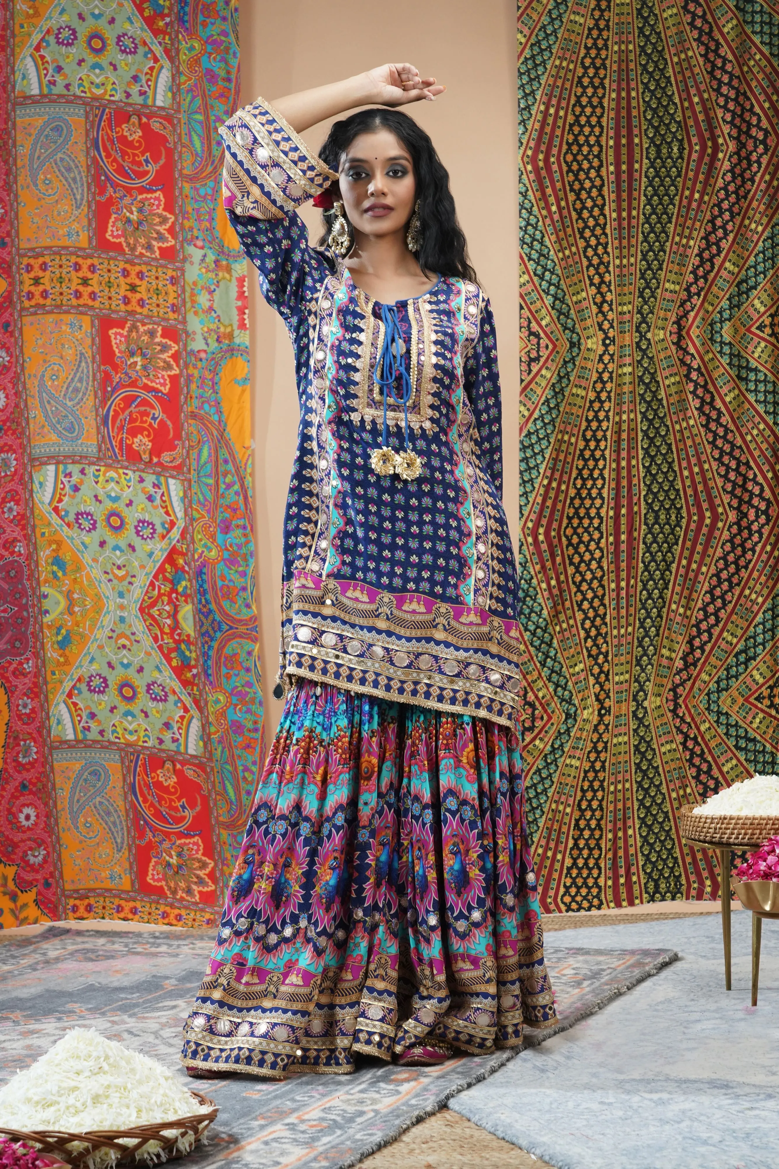 Festive Blue Ethnic Printed Crepe Silk Sharara Set