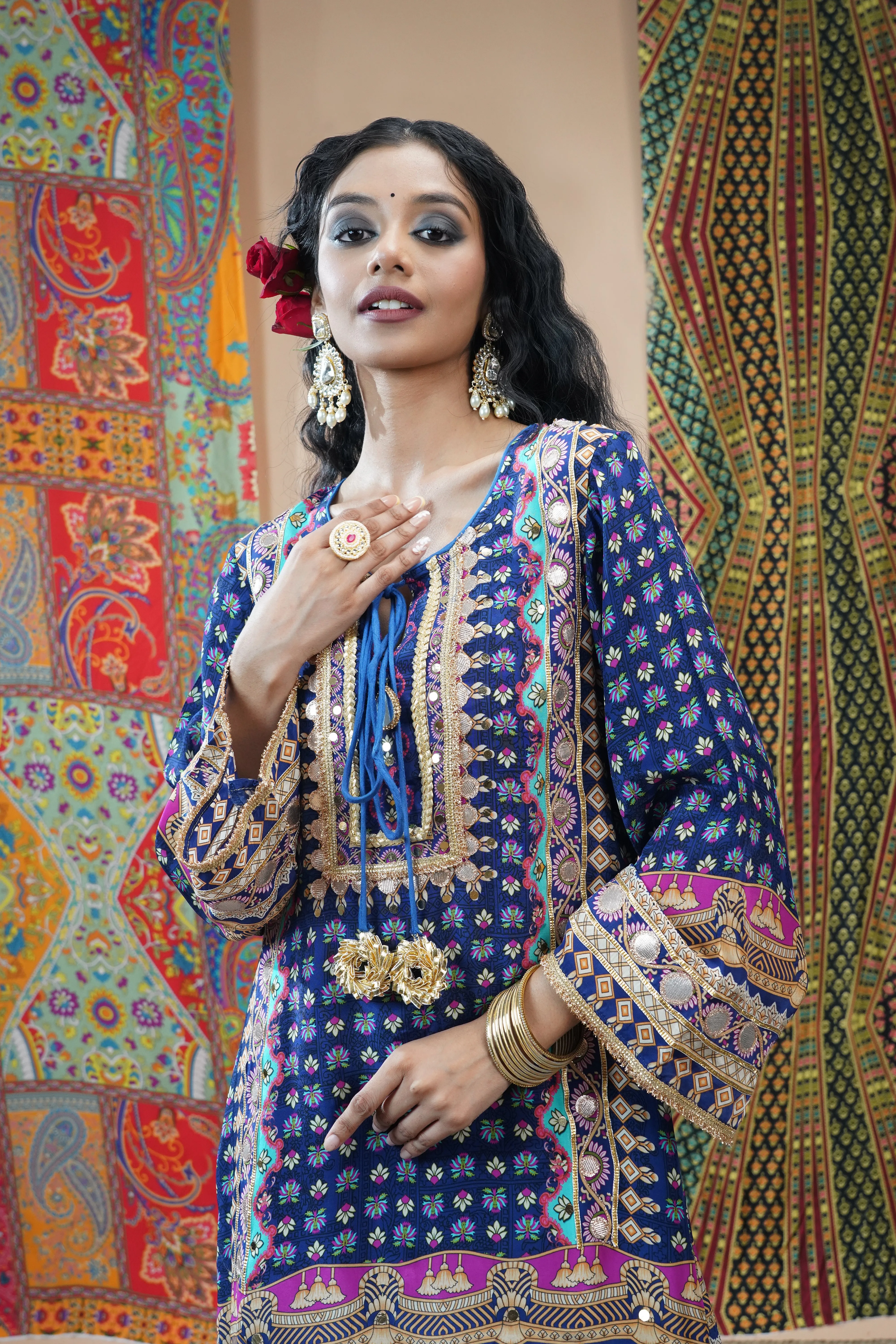 Festive Blue Ethnic Printed Crepe Silk Sharara Set