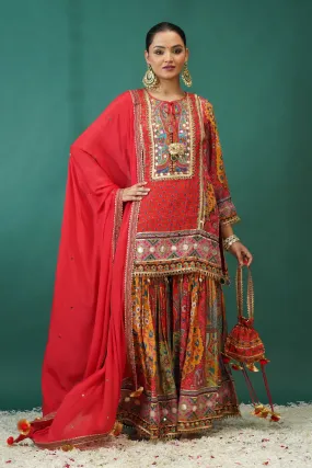 Festive Orange Ethnic Printed Crepe Silk Sharara Set