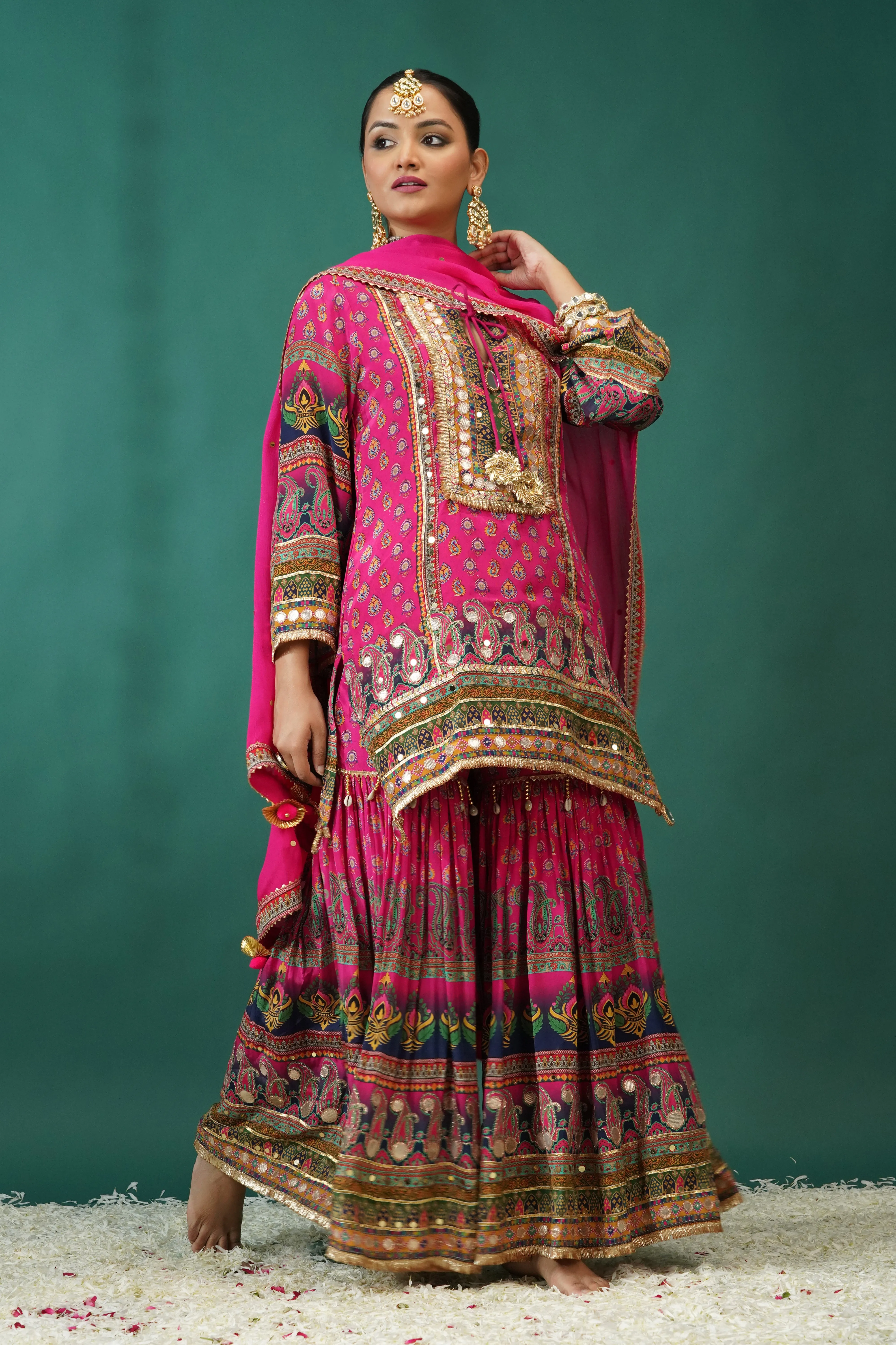 Festive Pink Ethnic Printed Crepe Silk Sharara Set