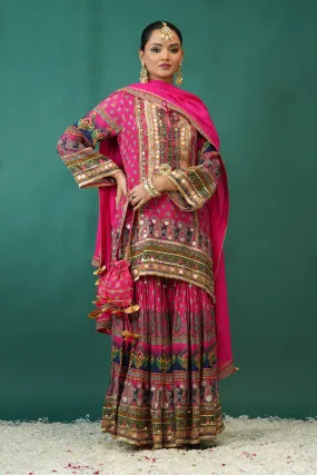 Festive Pink Ethnic Printed Crepe Silk Sharara Set