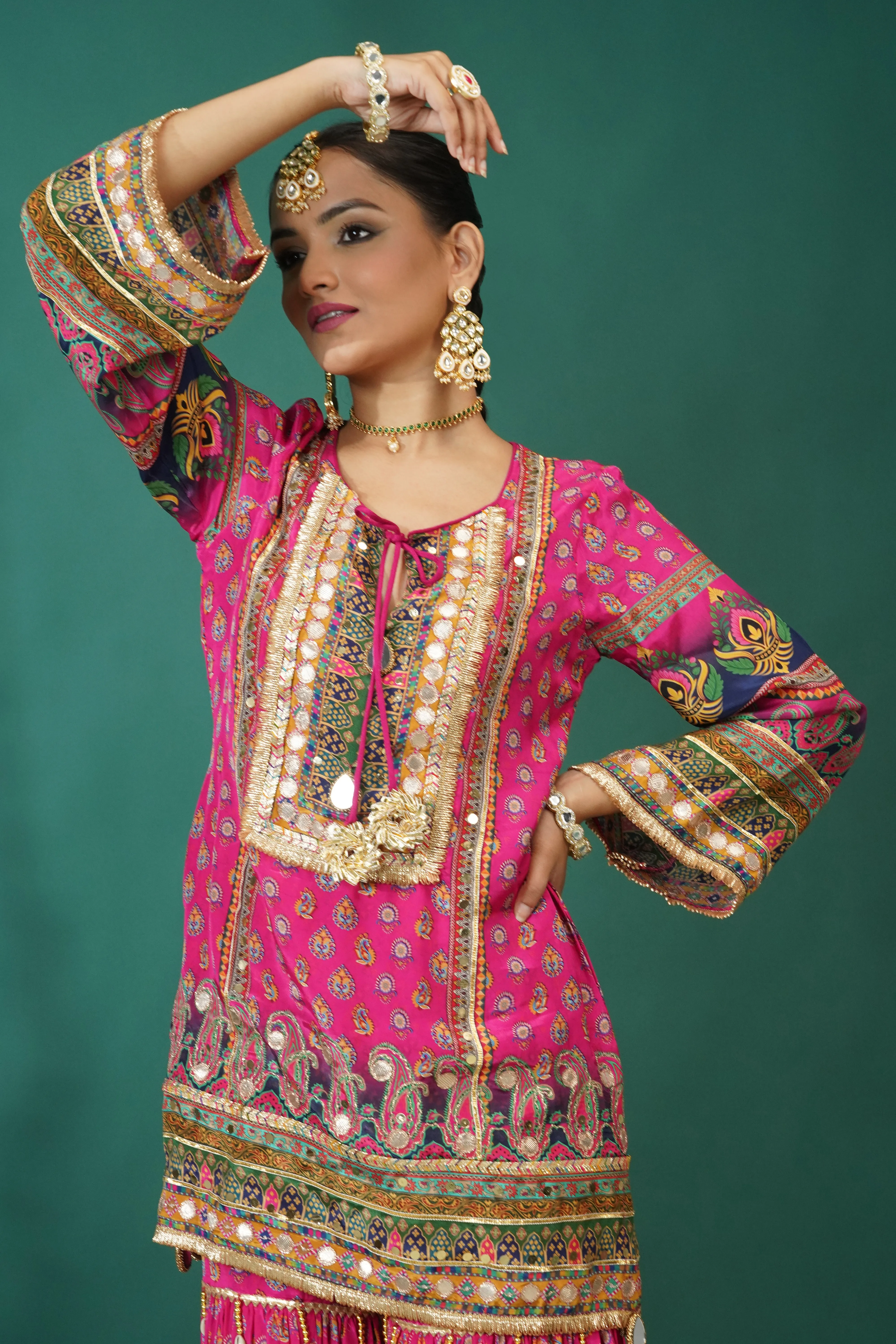 Festive Pink Ethnic Printed Crepe Silk Sharara Set