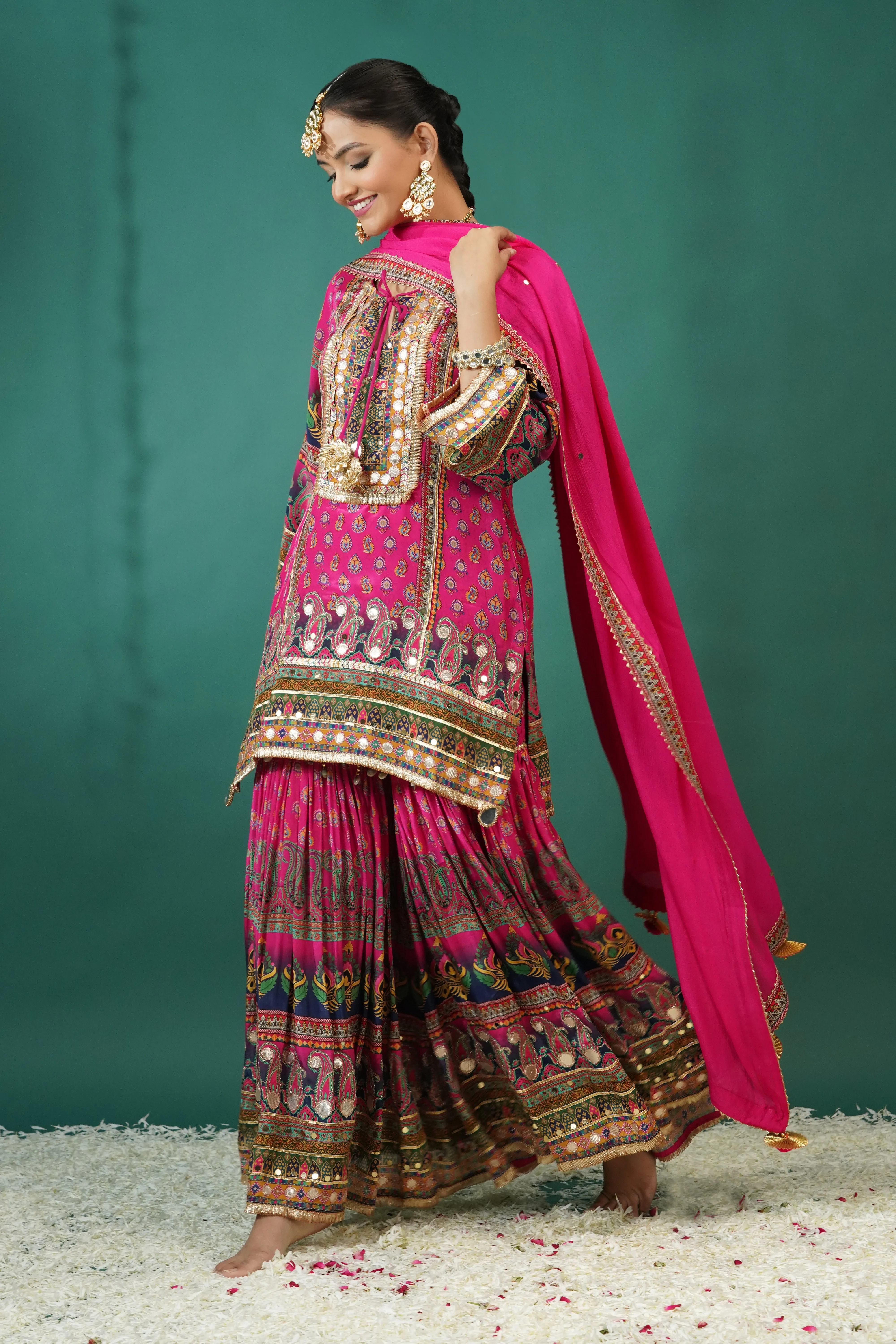 Festive Pink Ethnic Printed Crepe Silk Sharara Set