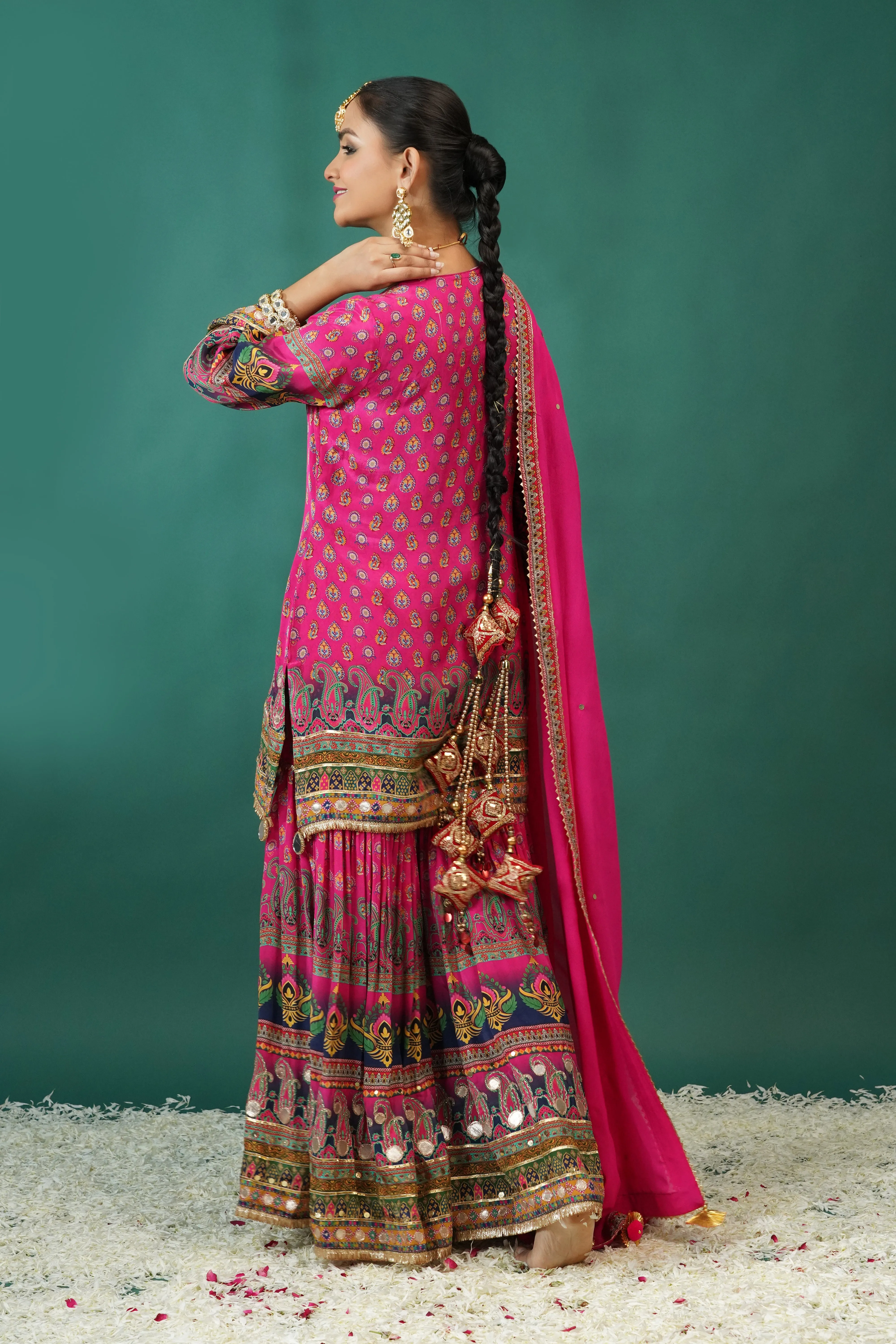 Festive Pink Ethnic Printed Crepe Silk Sharara Set