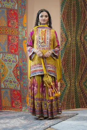 Festive Yellow Ethnic Printed Crepe Silk Sharara Set