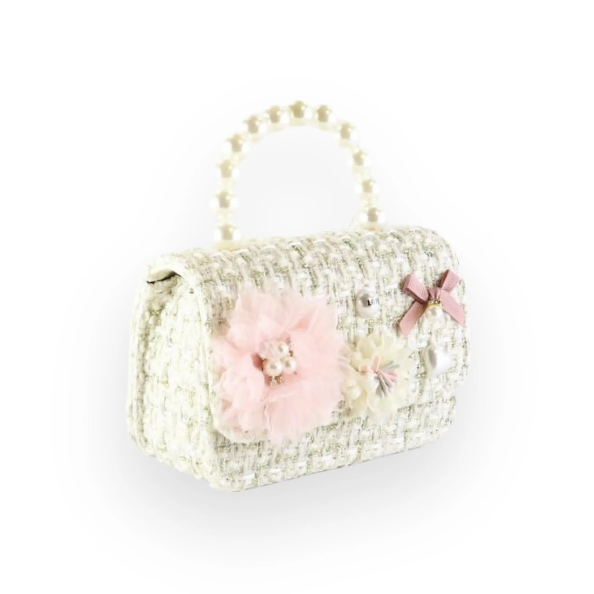 Floral Appliques Tweed Purse - Beige