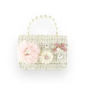 Floral Appliques Tweed Purse - Beige