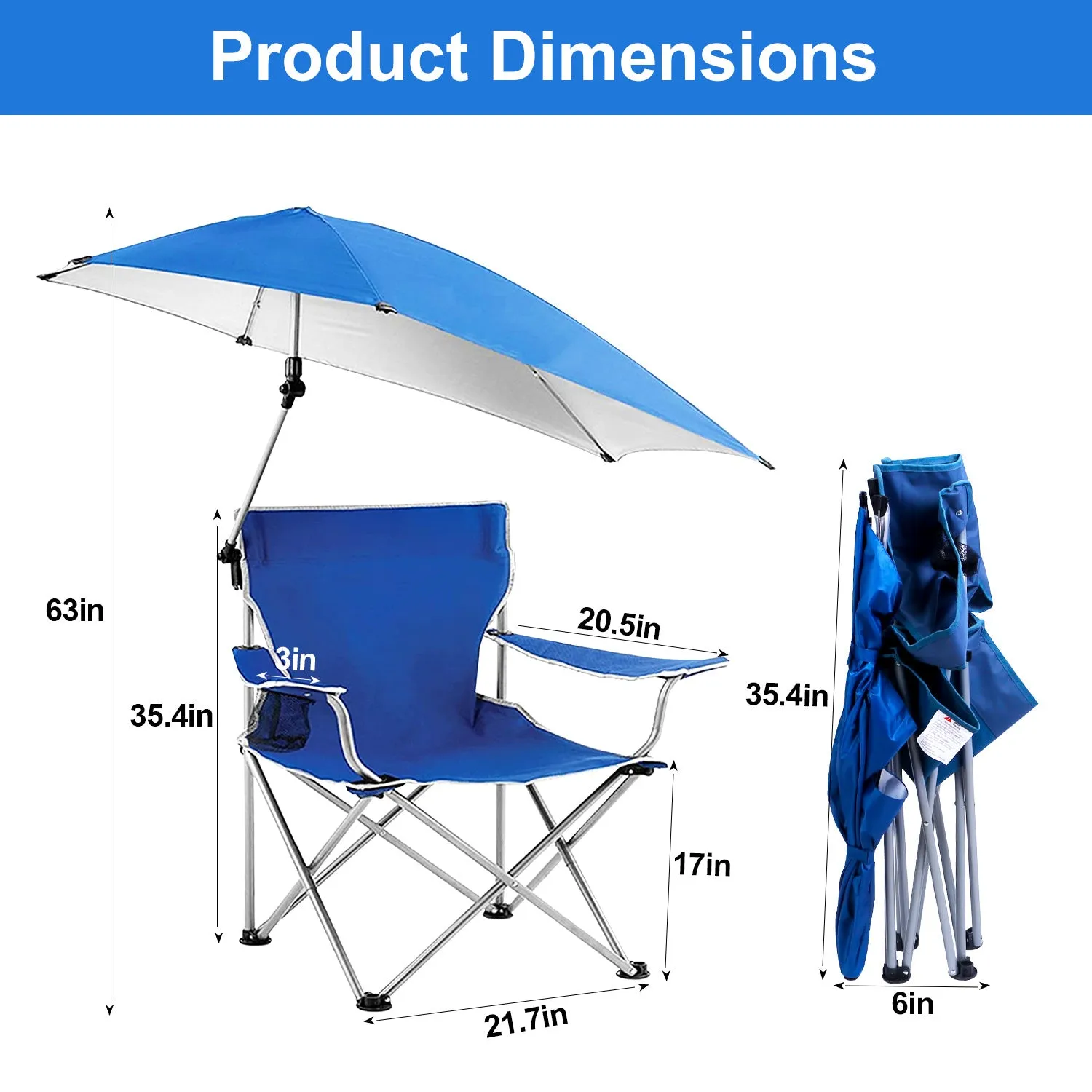 Foldable Beach Chair with Detachable Umbrella Armrest Adjustable Canopy Stool with Cup Holder Carry Bag