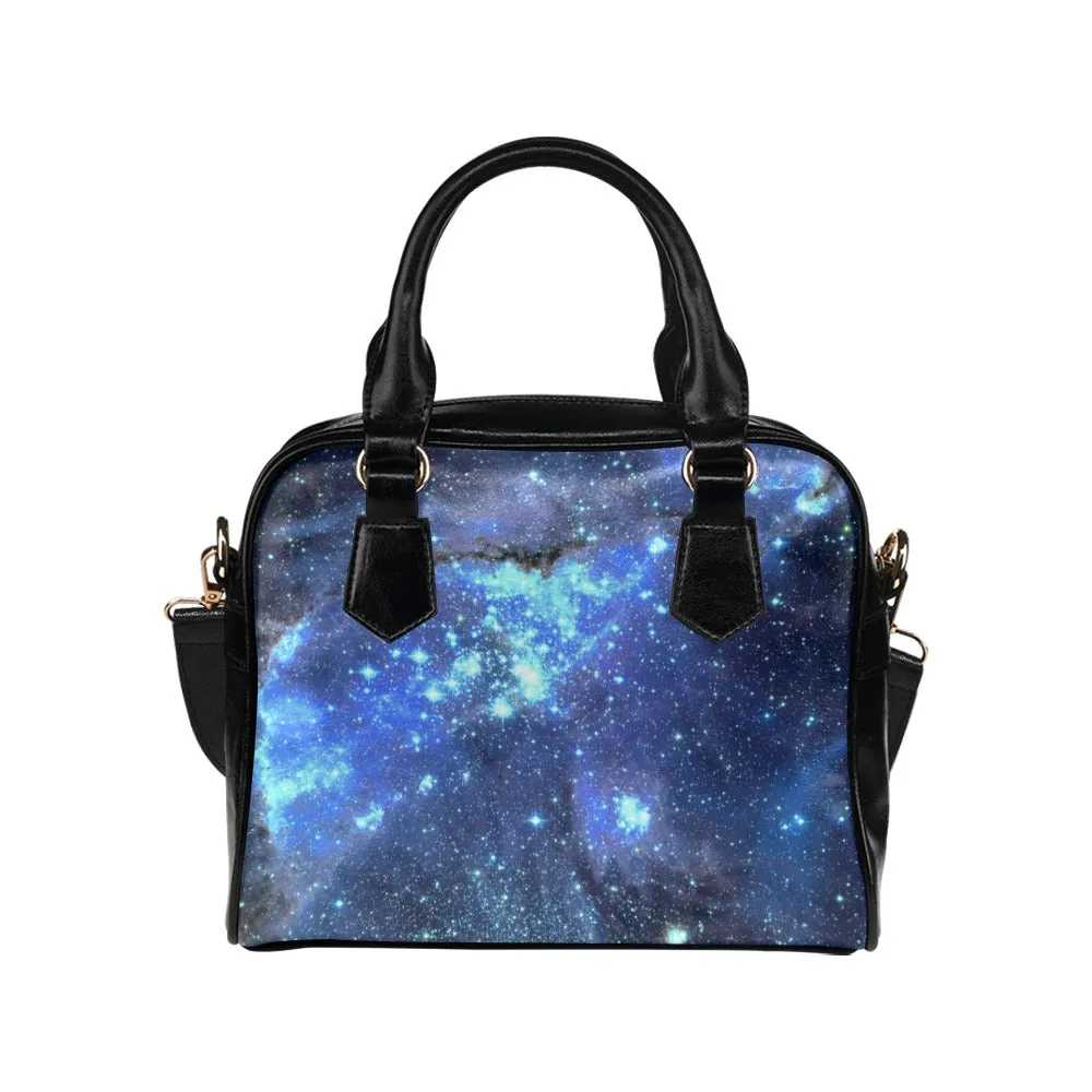 Galaxy Stars Purse, Space Celestial Black Blue Pattern Cute Small Shoulder Zip Bag Vegan Leather Women Designer Ladies Handbag Crossbody