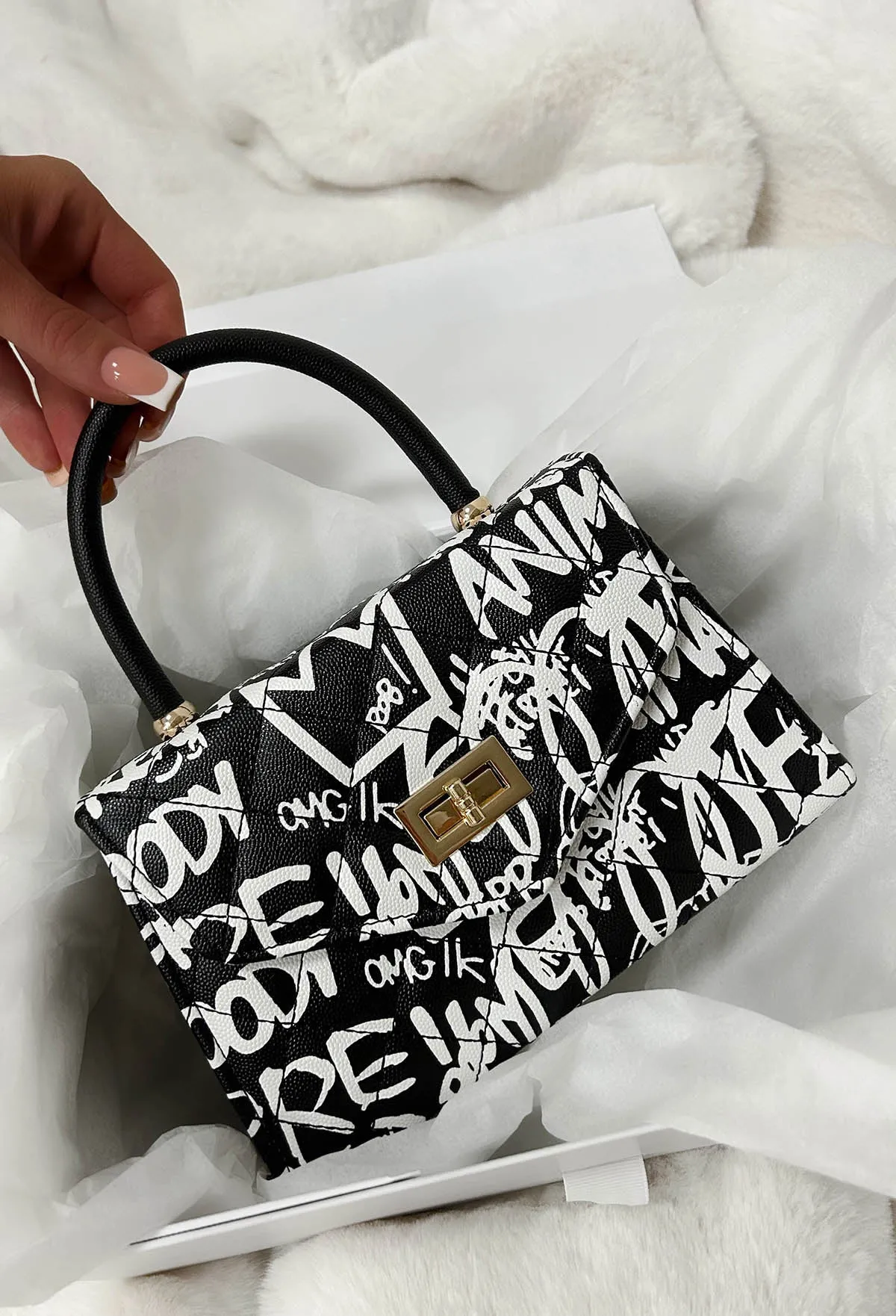 Graffiti Chic Monochrome Printed Top Handle Bag