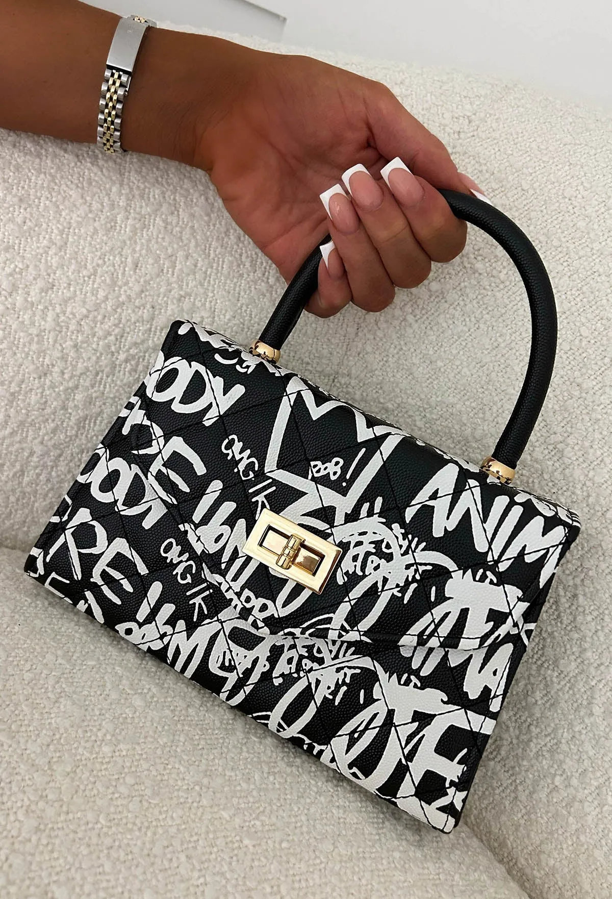 Graffiti Chic Monochrome Printed Top Handle Bag